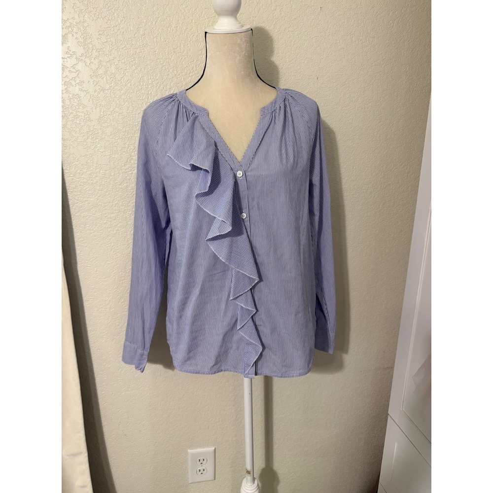 LOFT Womens Blue White Striped Ruffle Front Button Down Cotton Blouse Size M
